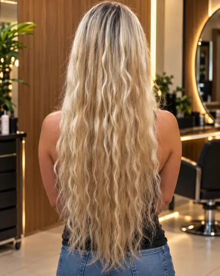 Cabelo loiro longo e ondulado depois do mega hair