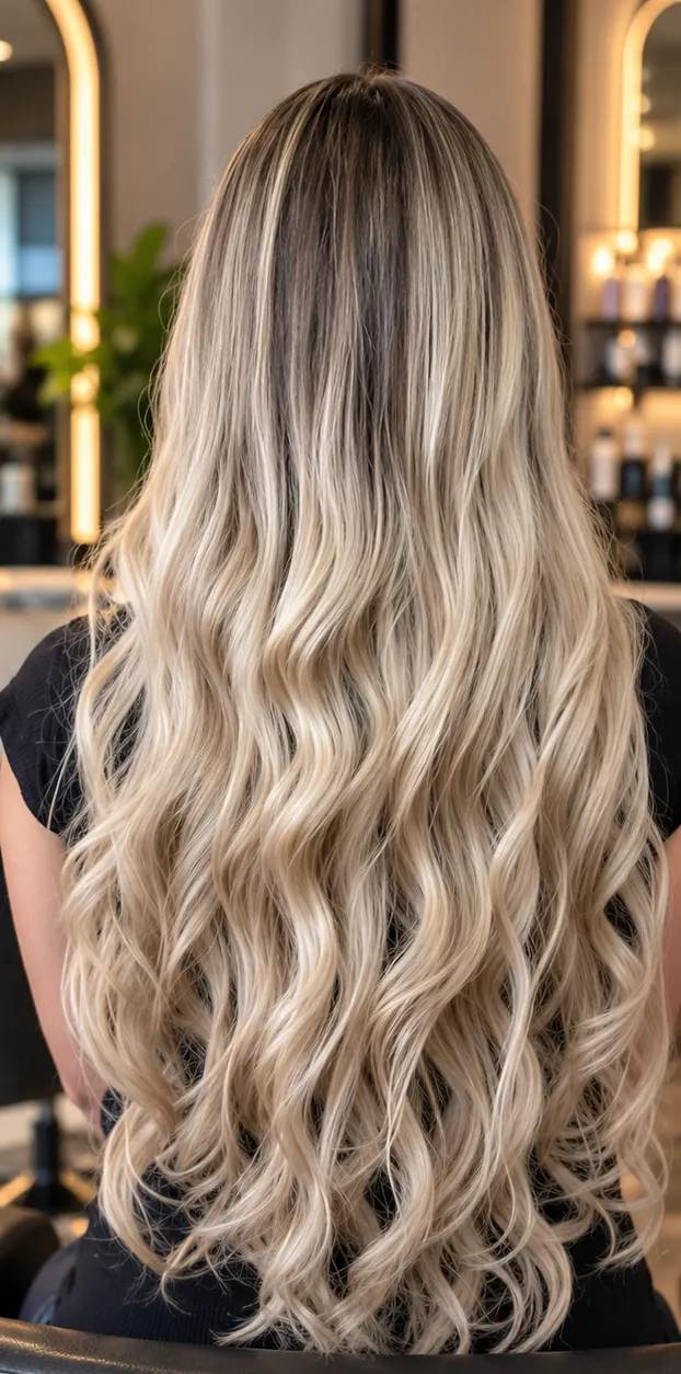 Depois: cabelo loiro longo e ondulado com mega hair de cabelo humano