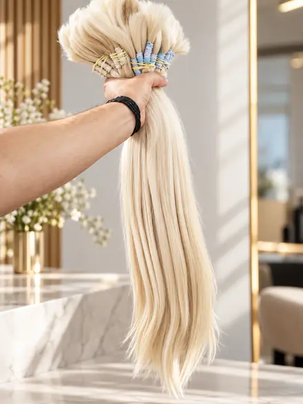 Mecha de cabelo humano loiro platinado liso segurada na mão