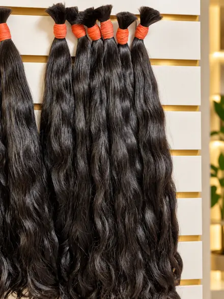 Mechas de cabelo humano castanho ondulado com liga vermelha penduradas na parede